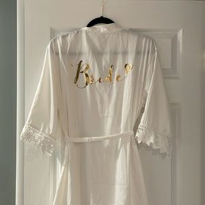 “Bride” white silky lace trim robe